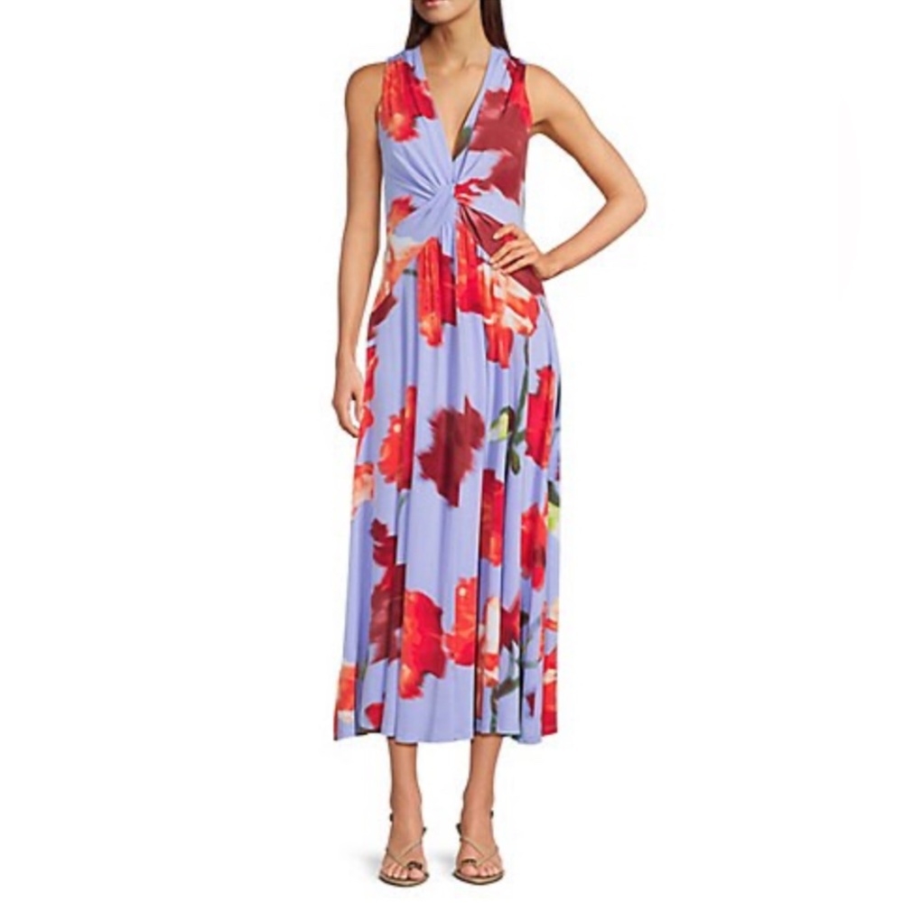 NWT Calvin Klein Red and Purple Floral V-Neck Sleeveless Midi Dress Size 10